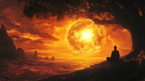 Calm sunset meditation beside a glowing celestial ocean.