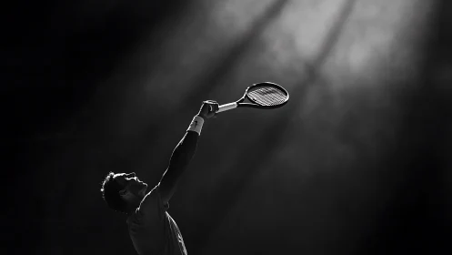 Silhouetted tennis serve under dramatic spotlight beams.