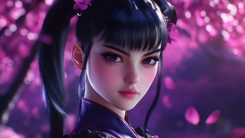Purple-lit digital portrait shows stylized girl with blossoms