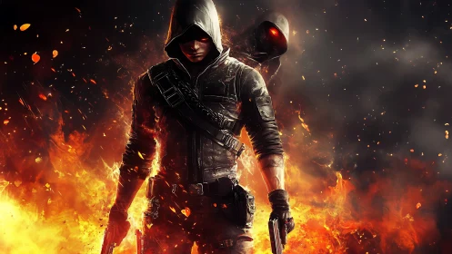 Hooded gunman emerges through inferno in high-contrast digital art