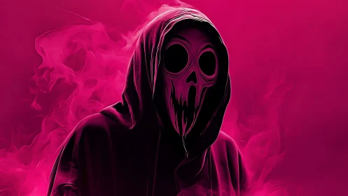 Neon hooded reaper silhouette in swirling magenta smoke.