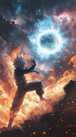 Fiery sky warrior channeling cosmic energy in mid-battle.