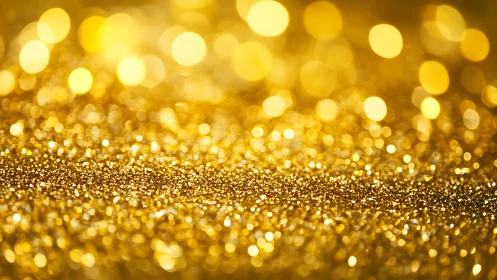 Golden glitter surface shimmers with glowing bokeh lights.