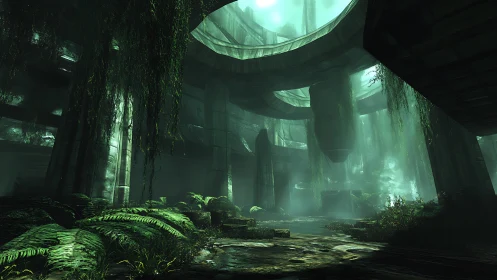 Jungle ruins whisper through a fallen futuristic coliseum