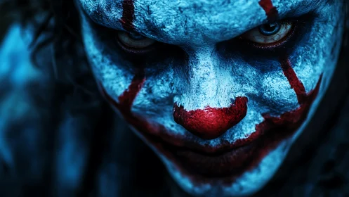 Sinister clown close-up in chilling blue-red contrast.