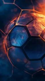 Glowing blue and orange soccer ball in abstract light field.