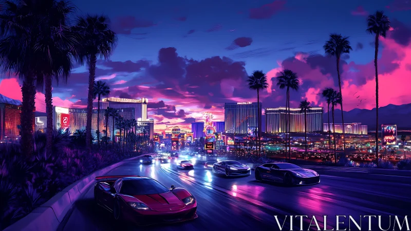 Neon supercars race toward glowing Las Vegas Strip skyline