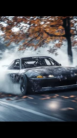 Smoky drift car slicing through wet autumn track at speed.