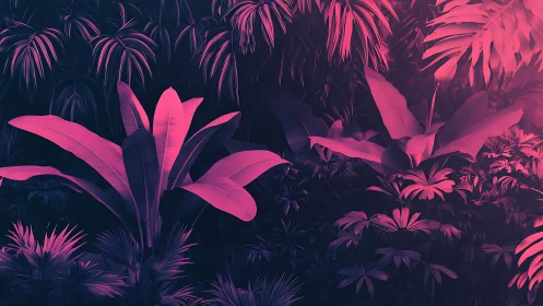 Neon jungle leaves glow in electric twilight hush.