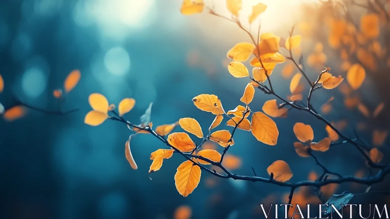 Golden Autumn Leaves on Branch in Soft Morning Light, Dreamy Style.