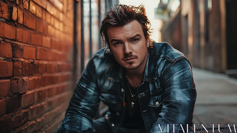 Man in denim jacket sits in narrow brick alleyway at dusk