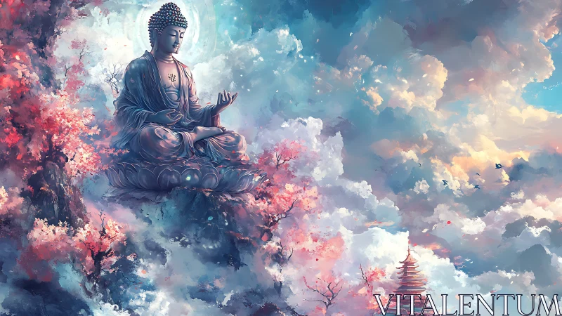 Buddha statue floats above cherry blossoms in vivid clouds