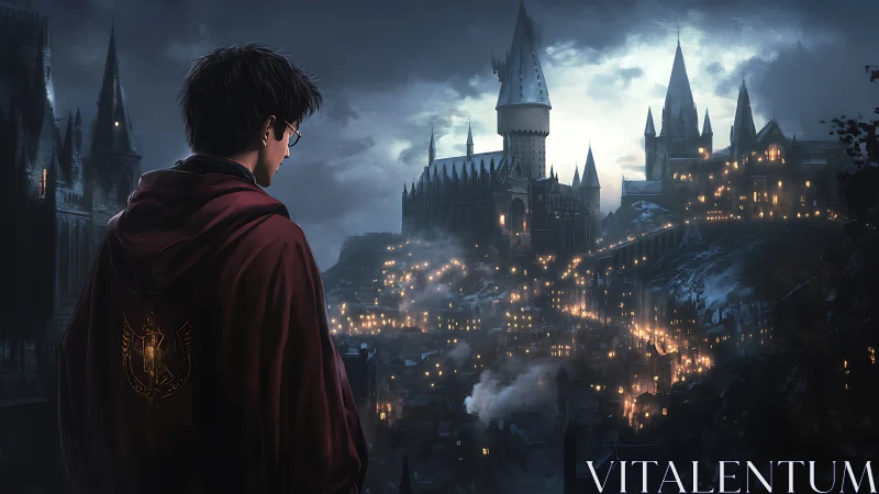 Cloaked young wizard studies a stormy, torchlit castle realm