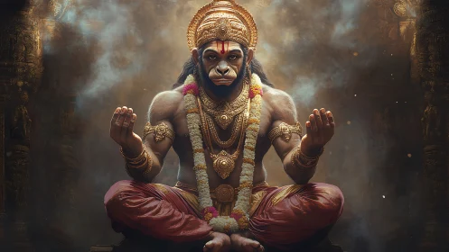 Serene monkey deity meditating in golden temple light.