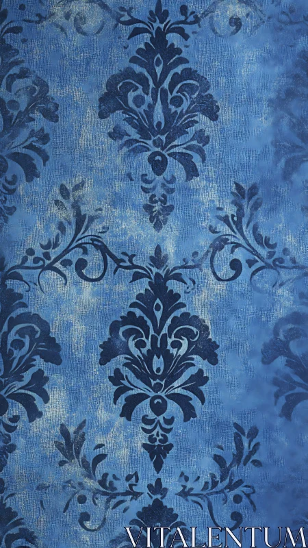 Midnight blue damask flourishes on softly clouded wall.