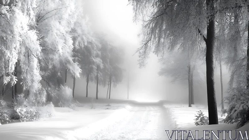 Quiet winter forest path wrapped in soft silver light.