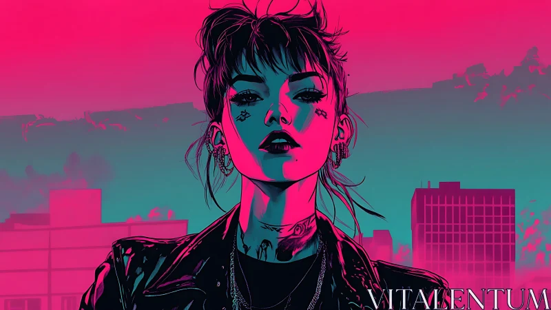 Neon portrait of urban figure against stylized city skyline.
