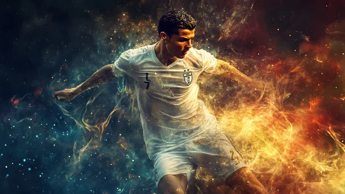 Kinetic footballer in bifurcated nebular energy field.