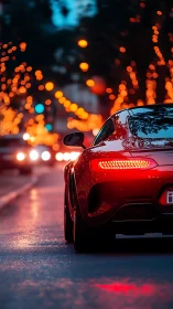 Rear three-quarter view of red sports coupe in dusk city traffic