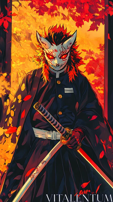 Masked swordsman stands under red autumn foliage holding katana