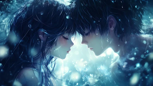 Anime couple close together underwater in blue glow.