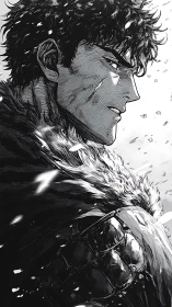 Storm-scarred warrior gazes forward through falling ash.