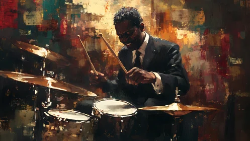 Jazz drummer in suit performing on kit, painterly style.