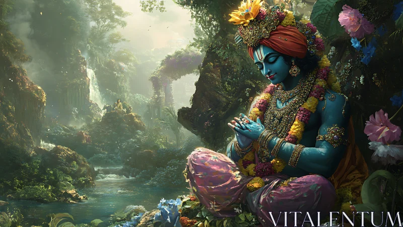 Blue deity meditates in lush jungle beside shining river.