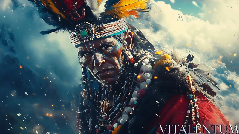 Regal tribal warrior in elaborate feathered headdress.