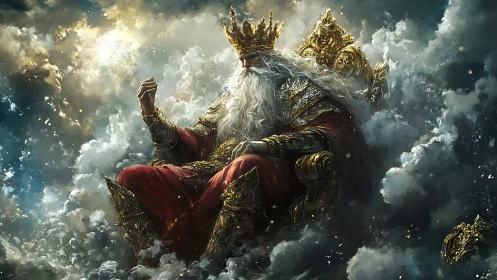 Elderly crowned king sits on ornate throne amid swirling clouds