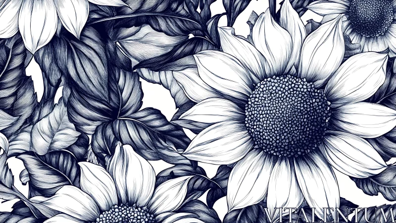 Navy and Cream Sunflower Botanical Illustration. Pen-Rendered Floral Study.