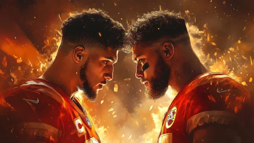 Two football players face each other in fiery digital artwork