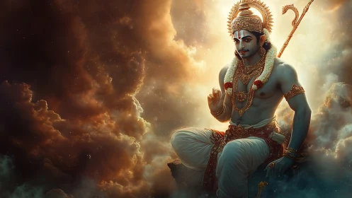 Divine blue-skinned deity meditates in glowing celestial clouds