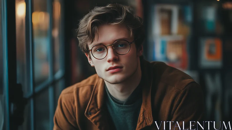 Young man in glasses near window in softly lit interior.
