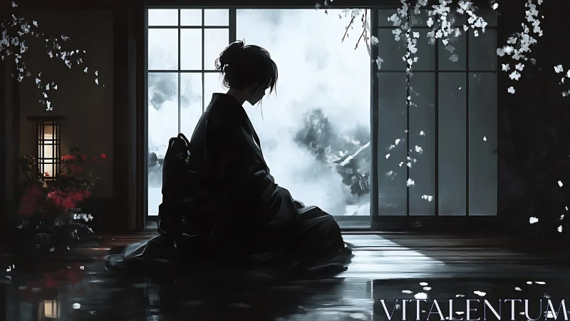 Solitary figure contemplates snowy garden through shoji