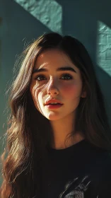 Sunlit portrait of young woman in dramatic shadows.