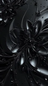 High-gloss black fractal florals with liquid metallic curvature