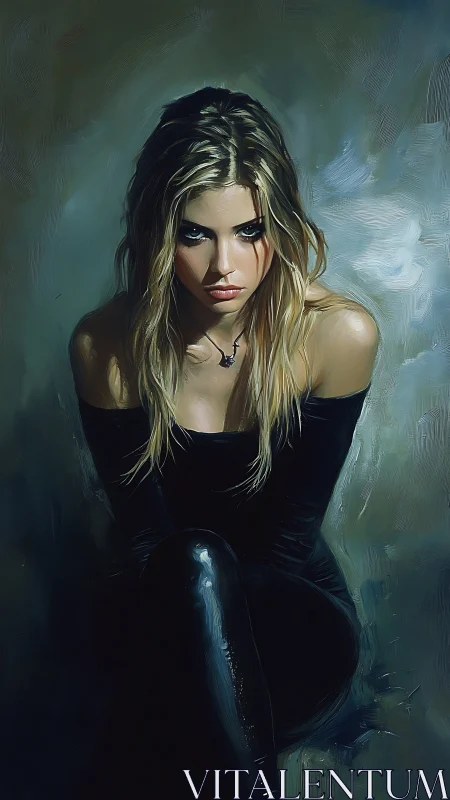 Brooding blonde woman in dark leather exudes quiet defiance.