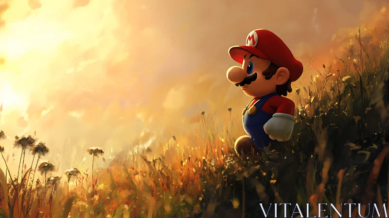 Sunlit cartoon plumber on sloping meadow at golden hour