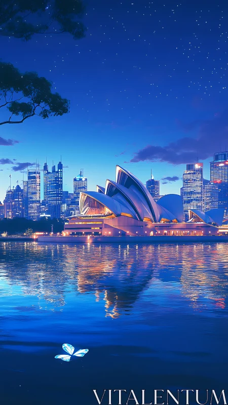 Sydney Opera House glows over harbor under starlit sky.