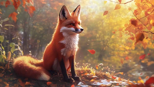Radiant red fox resting in softly glowing autumn forest.