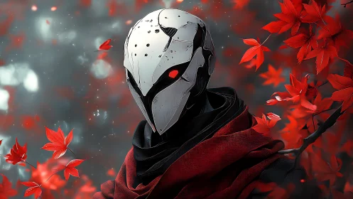 Masked humanoid figure amid red maple leaves in foggy setting.