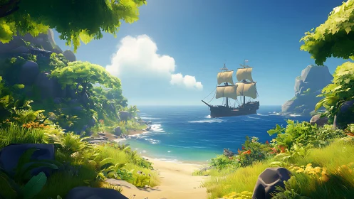 Sailing Ship Emerges from Tropical Cove.
