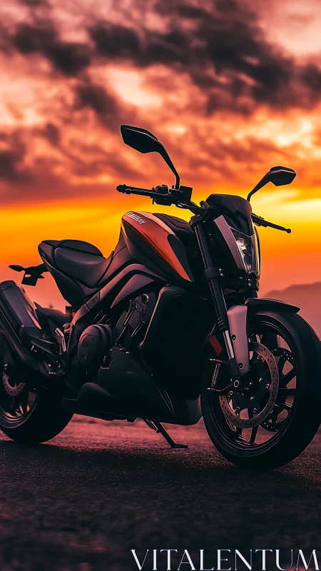 Sport motorcycle silhouette under vivid sunset sky.