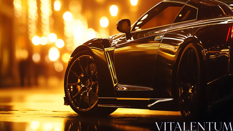 Kinetic street supercar under bokeh-saturated urban luminance.