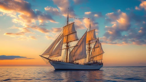Sunlit tall ship under full sail rendered in warm dynamic sunset