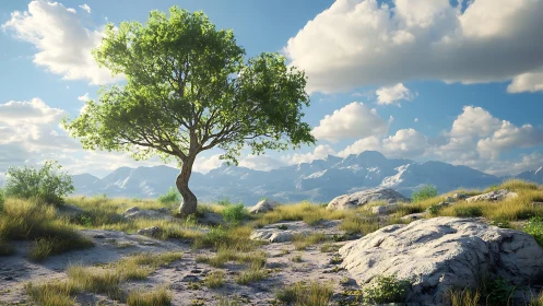 Solitary green tree under bright sky in rocky mountain field.