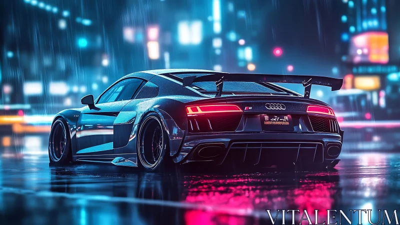 Midnight Audi rockets through neon rain with electric poise