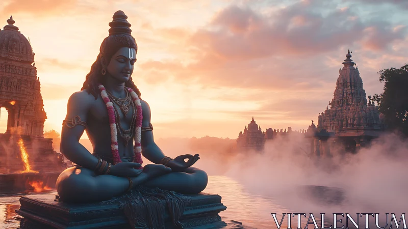 Digital painting of serene deity before misty temple complex.