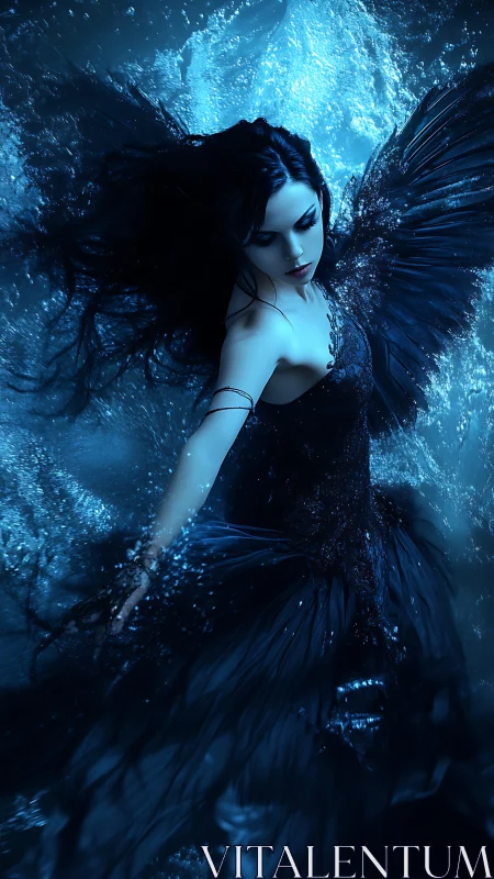 Submerged dark-haired woman in flowing dress amid luminous blue water